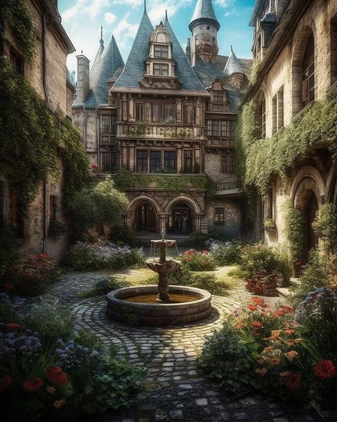 Castle Courtyard Concept Art, Castle Courtyard Fantasy Art, Medieval Castle Concept Art, Medieval Courtyard, Greek Castle, Castle Inspiration, Castle Fairytale, Castle Courtyard, Medieval Romance