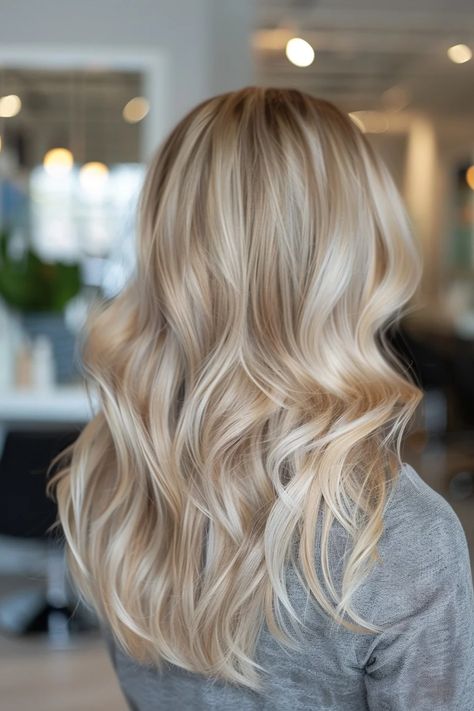 Blonde hair with soft, flowing waves in a modern salon setting. Wavy Curly Blonde Hair, Darker Blonde Hair Color Ideas, Dark Sandy Blonde, Sandy Blonde Hair Color, Dark Sandy Blonde Hair, Darker Blonde, Brunette Roots, Dark Highlights, Sandy Blonde Hair