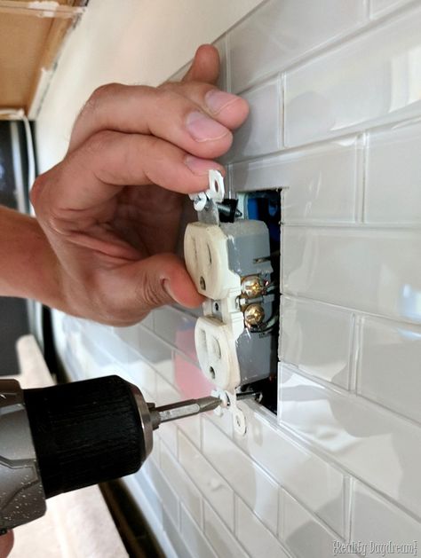 How To Install Glass Tile Backsplash, Outlet Covers On Tile Backsplash, Glass Backsplash Ideas, Backsplash Outlets, Installing Tile, Glass Subway Tile Backsplash, Install Backsplash, Painting Eyes, Brick Backsplash Kitchen