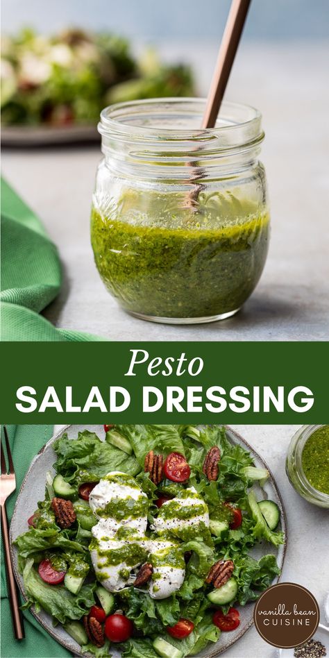 Make your summer salads come alive with this Pesto Salad Dressing. Only 3 ingredients! Basil Pesto Salad Dressing, Pesto Dressing Salad, Salad With Pesto Dressing, Pesto Salad Dressing, Basil Salad Dressing, Dressings Recipes, Pesto Vinaigrette, Healthy Pesto, Pesto Salad