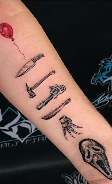 It's Friday the 13th - Enjoy These Scary Good Tattoos Creepy Halloween Tattoos, Scary Movie Tattoos Ideas, Freddie Kruger Tattoo, The Conjuring Tattoo, Creepy Tattoos For Women, Horror Film Tattoo, Art The Clown Tattoo, Scary Movie Tattoos, Movie Character Tattoos