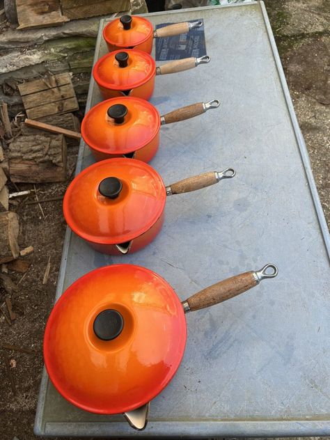 Set Of 5 Vintage Cast Iron Orange Enamel Le Creuset Saucepans | eBay Vintage Le Creuset, Saucepans, Le Creuset, Wooden Handles, Cast Iron, It Cast, France, Orange, Quick Saves