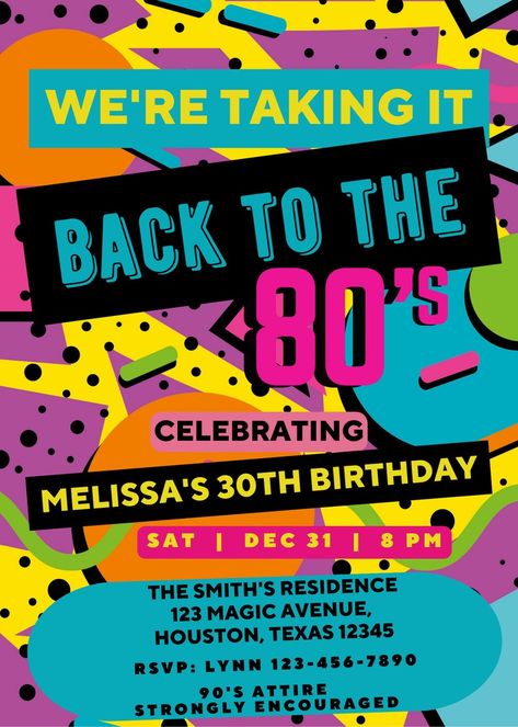 Editable 80s Party Invitation, Back to the 80s, Throwback Party, House Party, Birthday Invitation, 80s Theme, Printable or Digital Invite - Etsy 90s Throwback Party, 90s Party Invitation, House Party Birthday, Fundraiser Party, 80s Birthday Parties, Throwback Party, Nostalgic Wedding, 40th Birthday Party Invites, Back To The 90s