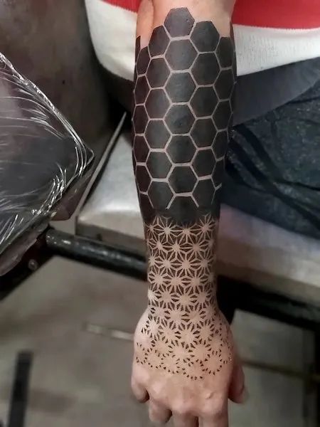 Blackwork Tattoo Big Cover Up Tattoos Men, Geometric Blackwork Tattoo, Blackout Geometric Tattoo, Blackwork Tattoo Coverup, Coverup Tattoo Design For Man, Elbow Tattoo Men, Carbon Tattoo, Block Tattoo, Collar Tattoo