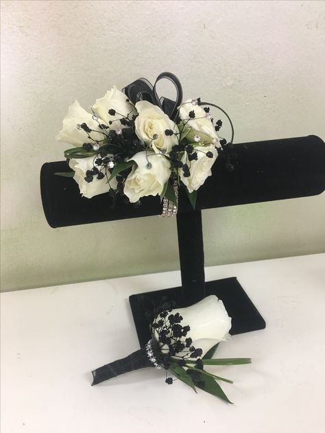 Corsage With Butterfly, Black And White Prom Flowers, Black Corsage And Boutonniere Prom, Corsage Ideas For Black Dress, Black And White Corsage And Boutonniere, Corsage And Boutonniere Set Black, Corsage For Black Dress, White And Black Corsage, Black Corsage Prom