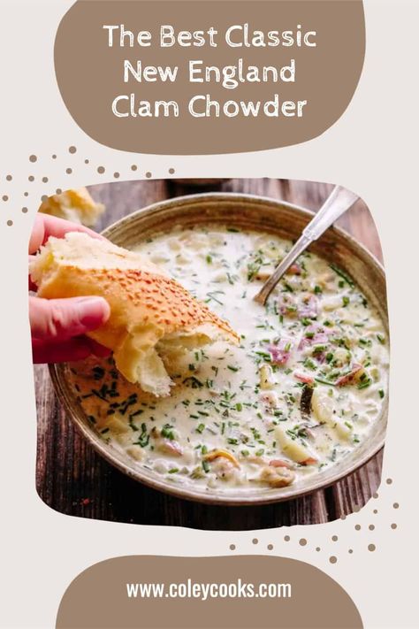 This classic, Creamy New England Clam Chowder recipe is even better than what you'll find at the best seafood restaurant. Unlike Manhattan Clam Chowder, it’s creamy and filled with bacon, potatoes and tender clams. The flavor is unbeatable, plus, it’s ready in less than 60 minutes! Best New England Clam Chowder, Fancy Seafood, Creamy Clam Chowder, Grilled Dinners, Bisque Recipes, Soup Recipes Homemade, Manhattan Clam Chowder, American Food Recipes, Clam Pasta