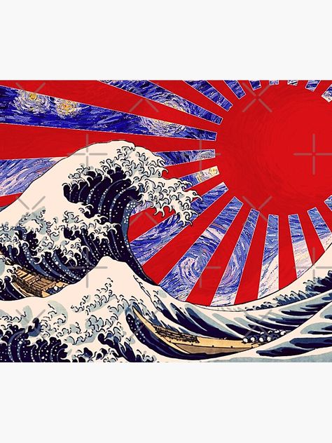 "Starry Night, Rising Sun Flag Japan, Great Wave Off Kanagawa" Comforter by famousartwork | Redbubble Japan Rising Sun, Rising Sun Flag, Great Wave Off Kanagawa, Rising Sun, Surreal Art, Great Wave, Starry Night, Surrealism, Les Oeuvres