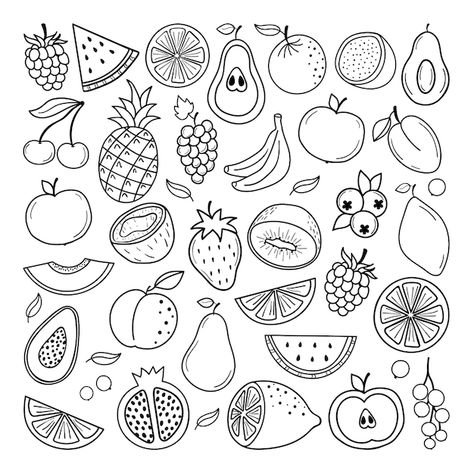 Fruit Doodles Easy, Vector Fruit Illustration, Fruit Vector Art, Fruits Line Art, Food Clipart Free Printable, Fruits Illustration Design, Cartoon Fruit Drawing, Simple Fruit Drawings, Fruit Coloring Pages Free Printable