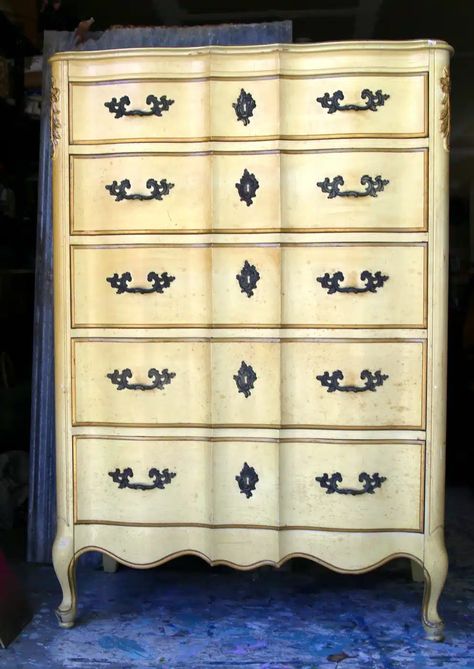 French Provincial Furniture Makeover, French Provincial Chest Of Drawers, Plant Stand Makeover, Provincial Furniture, French Provincial Furniture, Off White Paints, Paint Drop, Painting Furniture Diy, French Provincial