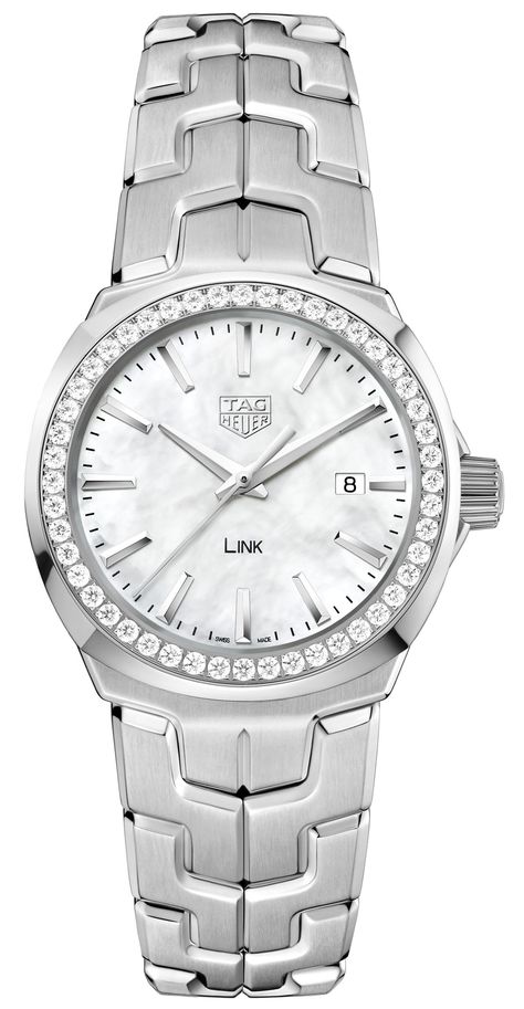 Tag Heuer “Link” collection, white mother of pearl dial, diamond bezel. Daniel Jewelry & Gifts, La Jolla. 858.454.8001 Tag Heuer Women, Timepiece Design, Swiss Watch Brands, Swiss Army Watches, Tag Heuer Watch, Swiss Watch, Invicta Watches, Tag Heuer, Bezel Diamond