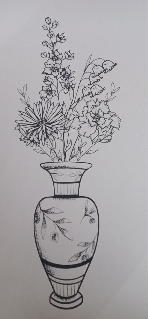 Back Of Leg Vase Tattoo, Antique Vase Drawing, Flower Vase Back Tattoo, Flower And Vase Tattoo, Flower Vase Tattoo Design, Floral Vase Tattoo, Vase Flower Tattoo, Flowers In A Vase Tattoo, Vase Of Flowers Tattoo