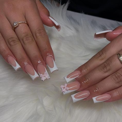 🕊️🎀🤍 - - - set specifics: • med/long tapered square • bow charm • french tip - gel polish: DND gel polish (shade: french white) acrylic powder: young nails (shade: cover rosebud) - #nails #acrylicnails #frenchtipnails #gelpolish #beginnernailtech #bookwithme #manicure #clovis #559 #fresno #shortnails #gel #explorepage #clovisnailtech #summernails #longnailideas Dnd Gel Polish, White French Tip, Tapered Square, Young Nails, French Acrylic Nails, Acrylic Powder, French Tip Nails, White Acrylics, White Acrylic