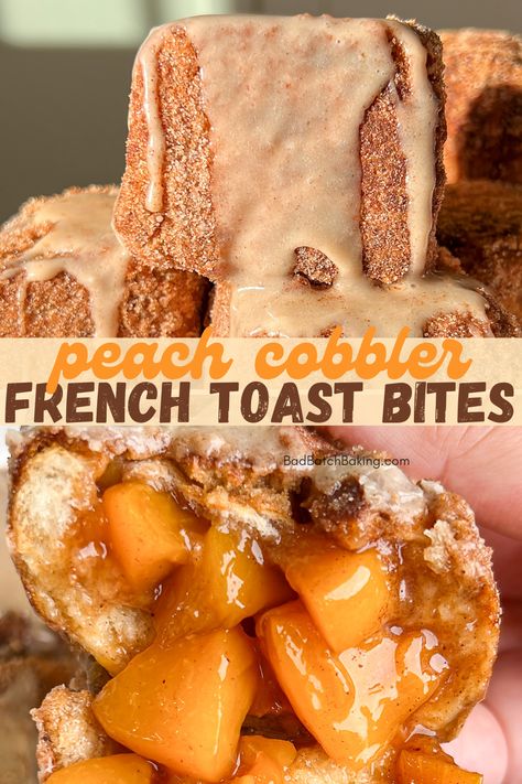 Easy crunchy french toast bites using hawaiian rolls that are stuffed full of peach cobbler filling, then pan fried and tossed in cinnamon sugar. Stuffed French Toast Hawaiian Rolls, Hawaiian Roll Stuffed French Toast, Stuffed Hawaiian Rolls, Peach Cobbler French Toast, Peach Cobbler Filling, Hawaiian Roll French Toast, Peach Cobbler Cinnamon Rolls, Peach French Toast, Graham Cracker Butter