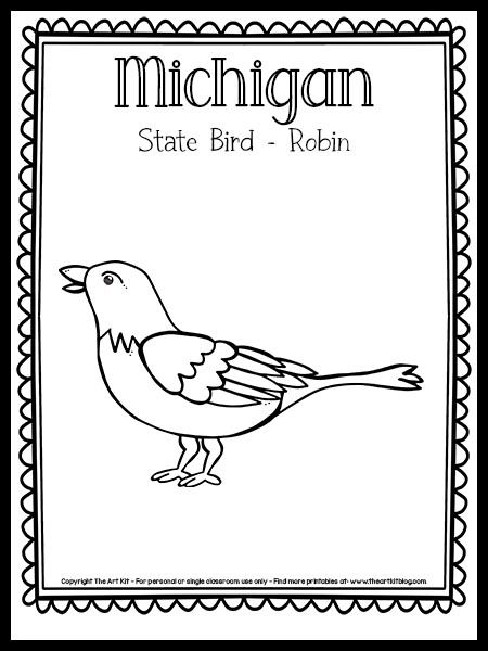 Michigan State Bird Coloring Page (Robin) {FREE Printable!} - The Art Kit Bird Coloring Page, Michigan Facts, Michigan Crafts, Fnaf Coloring Pages, Wisconsin Art, Bird Coloring, Preschool Units, The 50 States, Toddler Art Projects