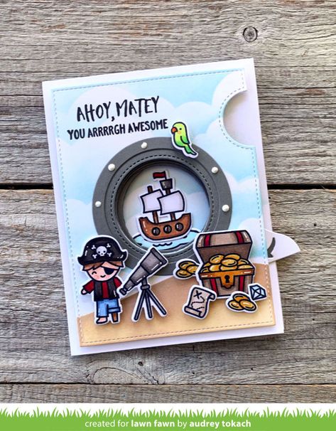 Pirate Card, Lawn Fawn Blog, Ahoy Matey, Lawn Fawn Stamps, Lawn Fawn Cards, Mft Cards, Boy Cards, Pirate Birthday, Interactive Cards