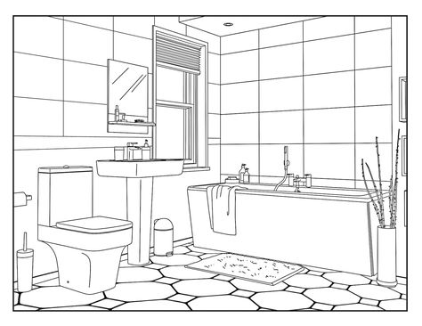 House Coloring Pages For Adults, Bathroom Drawing, House Coloring Pages, Interior Design Sketchbook, Bath Sign, Kitchen Drawing, Interior Design Student, House Colouring Pages, Interior Architecture Drawing