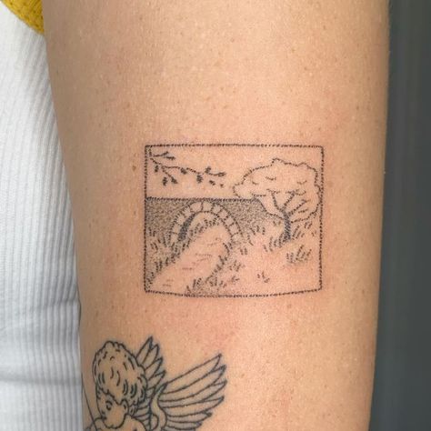 Hand In Water Tattoo, Lake View Tattoo, Laundry Line Tattoo, Countryside Tattoo, Floating In Water Tattoo, Art Gallery Tattoo, Cottage Tattoo, Ireland Tattoo Ideas, Horizontal Tattoo