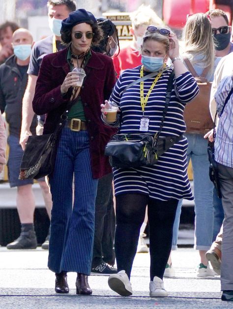 Phoebe Waller-Bridge Rocks '60s Attire on the Set of <em>Indiana Jones 5</em> Phoebe Waller Bridge Style, 60s Attire, Indiana Jones 5, 60s Inspired Outfits, Brown Fedora, Arm Sling, Crossover Purse, John Williams, Hollywood Bowl