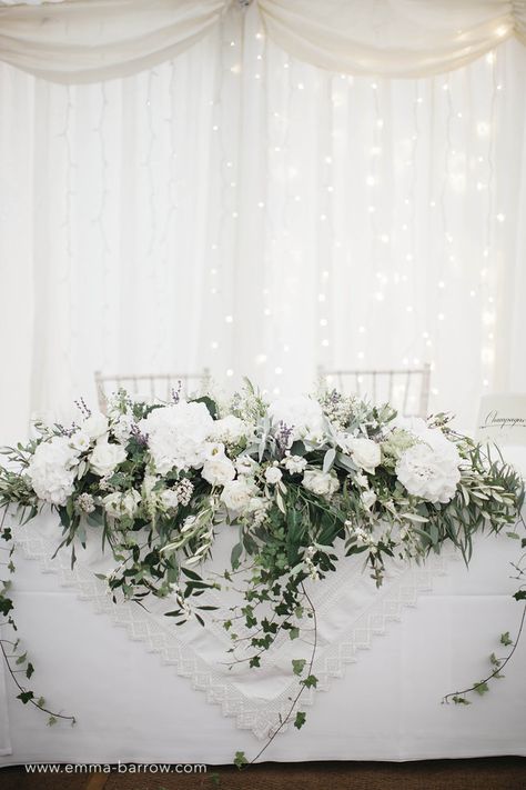 top table jilljeffries.com White And Green Top Table Flowers, Hamswell House, Marquee Flowers, Top Table Arrangement, Top Table Flowers, Green Wedding Flowers, Christmas Weddings, Table Arrangement, Top Table