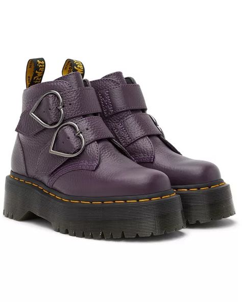 Dr. Martens Purple Devon Heart Platform Boots in Black | Stylemi Purple And Black Outfits, Heart Platform Boots, Purple Platforms, Fantasy Heels, Purple Doc Martens, Flat Boots For Women, Heart Platforms, Heels Purple, Dr Martens Outfit