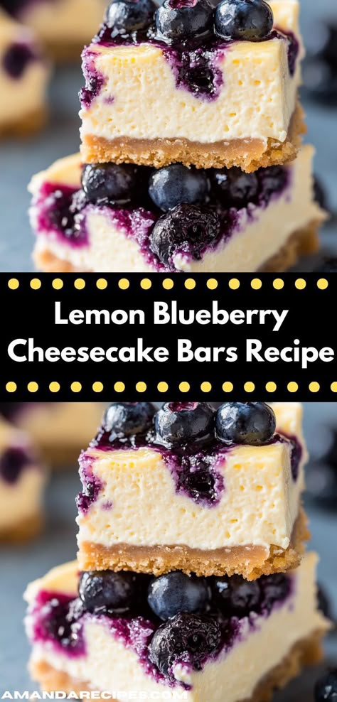 Craving a delightful dessert? This Lemon Blueberry Cheesecake Bars Recipe is a zesty treat that combines creamy cheesecake with fresh blueberries, making it the perfect sweet indulgence for family gatherings. Assorted Cheesecake, Lemon Blueberry Cheesecake Bars, Dessert Ideas Simple, Blueberry Cheesecake Bars, Cheesecake Ideas, Lemon Blueberry Cheesecake, Recipes Unique, Lemon Cheesecake Bars, Cheesecake Layer