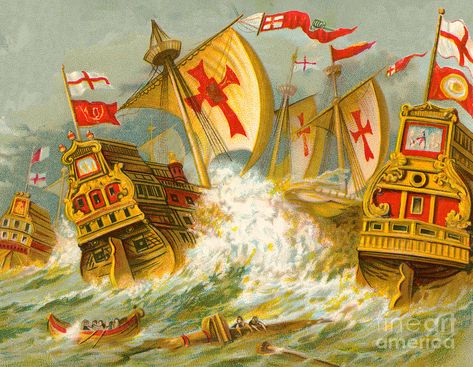 This painting was made by the English School for educational purposes. It is called Defeat of the Spanish Armada and quite literally shows what the title means. We see ships breaking apart after the Spanish failed to invade England. There are survivors floating on broken parts of the ship. Spanish Armada, Victorian Scrap, Mug Decorating, Pinterest Pin, The Ship, The English, Art Reproductions, Canvas Print Wall, Photographic Prints