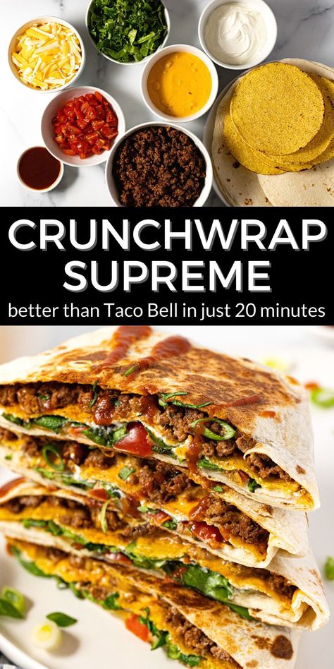 Better than the drive-thru version, my homemade Taco Bell crunchwrap supreme is loaded with layers of flour tortillas, seasoned ground beef, nacho cheese, a crunchy tostada shell, cool sour cream, shredded lettuce, diced tomato, and more melty cheese. This 20-minute dinner is the perfect way to switch up taco night at your house this week! Taco Bell Crunchwrap Supreme, Taco Bell Crunchwrap, Homemade Crunchwrap, Crunchwrap Supreme, 20 Minute Dinners, Crunch Wrap, Homemade Crunchwrap Supreme, Cafe Delites, Fajita Recipe