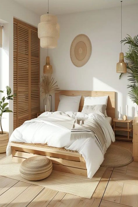 Natural Elegance: Bedroom Ideas with Wooden Furniture and Neutral Tones White Stained Oak Bedroom, Neutral Airy Bedroom, Wood And Cream Bedroom, Natural Wood Furniture Bedroom, Light Wood Bedroom Furniture Decor Ideas, Neutral Calm Bedroom, White And Wooden Bedroom, Bedroom Floorboards, Light Wood Furniture Bedroom