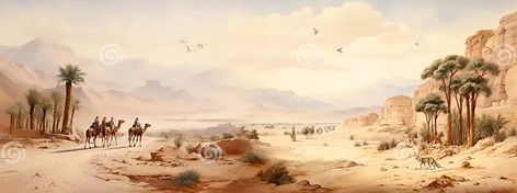 Watercolor painting, a landscape of the Arabian Peninsula in the past, for houses, palm trees and camels - wall painting Painting A Landscape, Arabian Peninsula, Painting Illustration, Palm Trees, Watercolor Painting, Landscape Paintings, Wall Painting, Stock Illustration, Watercolor Paintings