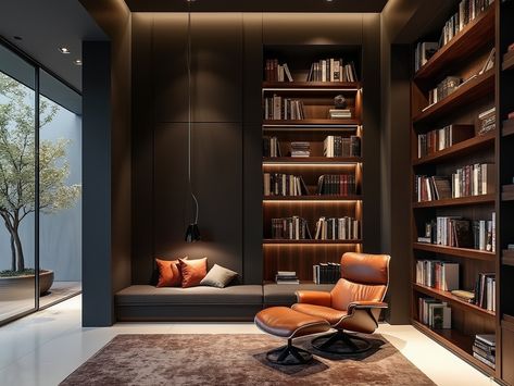 Transform your reading experience in this contemporary library featuring stunning floor-to-ceiling bookshelves. A sleek reading nook with a large leather armchair invites you to unwind, while modern lighting adds a touch of sophistication. Embrace comfort and style in your own personal haven! 📚✨ Contemporary Home Library, Modern Office Library, Contemporary Bookshelves, Contemporary Library, Library Modern, Contemporary Bookshelf, Floor To Ceiling Bookshelves, Luxurious Penthouse, Home Office Library