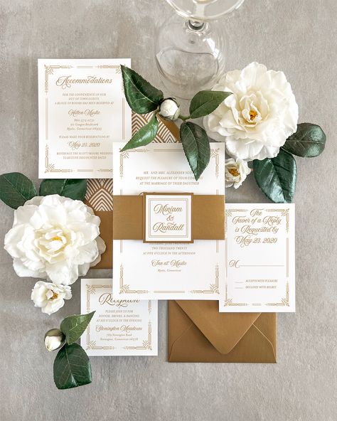 Make your special day unforgettable with the Miriam wedding invitation. Featuring an Art Deco design reminiscent of the roaring twenties, this Gatsby-inspired wedding invitation will bring the glamour and sophistication of the past to your present celebration. Showcasing a unique combination of vintage-inspired elements, the Miriam wedding invitation is perfect for the elegant bride looking to make a statement. #artdecoinvitation #gatsbyinspiredwedding #elegantinvitations #weddinginvitations Deco Wedding Invitations, Art Deco Invitations, Art Deco Wedding Invitations, The Roaring Twenties, Elegant Bride, Gold Art Deco, Roaring Twenties, Elegant Art, Invitation Envelopes