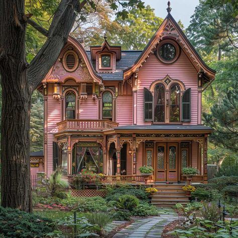 Dusty Rose Outdoor House Colors Offer Vintage Charm • 333+ Art Images Painted Lady Victorian House, Colorful Victorian Interior, Colorful Victorian House Exterior, Colorful Houses Exterior, Vintage House Aesthetic Exterior, Building References Architecture, Maximalist House Exterior, Historic Homes Exterior, Pastel House Exterior