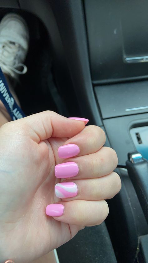 White Nails With Pink Accent, Light Pink Nails With White Design, Pink Nails With Accent Nail, Bright Pink Summer Nails, Nails With Accent, White Summer Nails, Short Pink Nails, Light Pink Nails, 2024 Prom