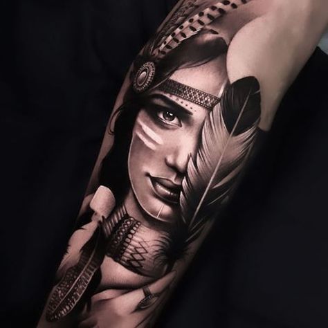 Find out everything important to know about Native American tattoos. The most popular images. Their deep meaning, key features of the tattoo, and history. Native Woman Tattoo Design, Realism Feather Tattoo, Indian Face Tattoo, Indian Tattoo Sleeve, Indian Tattoos For Women Native, Native Tattoos For Women, Tattoo Indien, Indian Women Tattoo, Native Indian Tattoos