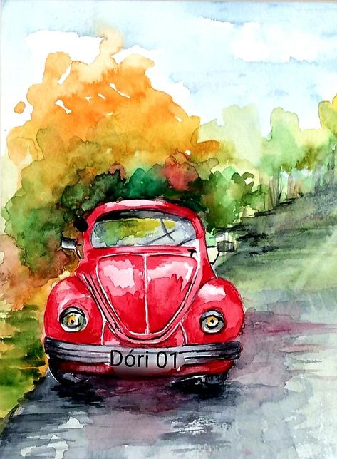 Cars Watercolor, Volkswagen Bus Art, Bus Art, Mosque Art, Watercolor Postcard, Funny Paintings, Color Drawing Art, Vw Art, Quirky Art