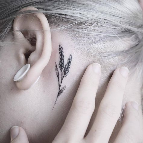 Behind the ear lavender Daggar Tattoo, Tattoo Lavender, Behind Ear Tattoos, Tattoo Behind Ear, H Tattoo, Tiny Wrist Tattoos, Medieval Tattoo, Lavender Tattoo, Plant Tattoo