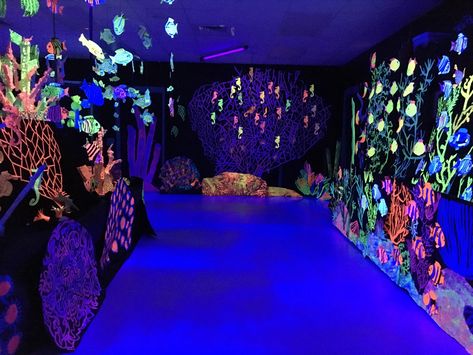 For more information visit the art lady channel on YouTube Black Light Under The Sea, Black Light Ocean Theme, Ocean Sensory Room, Glow In The Dark Ocean, Blacklight Room, Black Light Art, Vbs Ocean Theme, Black Light Room, Ocean Vbs