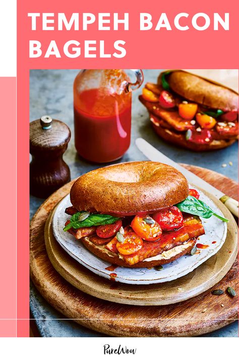 Tempeh Bacon Bagels #purewow #under 30 minutes #plant-based #recipe #vegetarian #breakfast #sandwich #fast #cooking #easy #food #vegan Bacon Bagel, Roasted Mediterranean Vegetables, Whole Wheat Bagel, Tempeh Bacon, Vegan Protein Sources, Meatless Dinner, Healthy Breakfast Recipes Easy, Bagel Recipe, Vegan Lunches