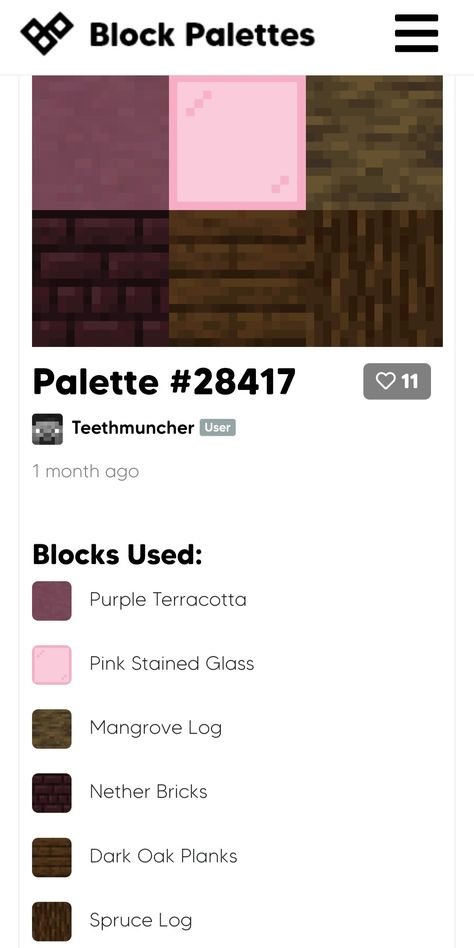 Nether Brick Palette, Minecraft Spruce Color Palette, Dark Oak Color Palette Minecraft, Minecraft Block Palate, Minecraft Color Palette For Houses, Block Combos Minecraft, Minecraft Block Palette Dark, Block Pallet Minecraft, Minecraft Pallet Ideas