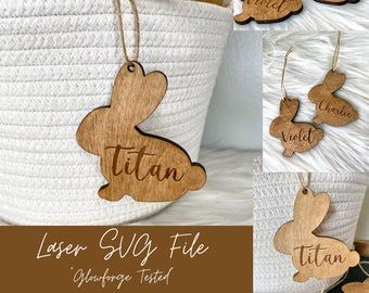 Bunny tag svg | Etsy Glowforge Projects, Custom Easter Baskets, Bunny Stuff, Easter Gift Tag, Bunny Names, Easter Bunny Basket, Kids Easter Basket, Easter Basket Tags, Easter Tags