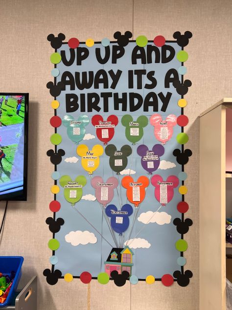 A birthday wall inspired by Disney’s Up & Mickey Mouse! Diy Disney Classroom Decor, Mickey Mouse Birthday Bulletin Board, Mickey Mouse Birthday Board Classroom, Disney School Door Decorations, Minnie Mouse Classroom Theme, Disney Birthday Wall Ideas For Classroom, Disney Day At School Ideas, Disney Back To School Door Ideas, Disney Themed Classrooms