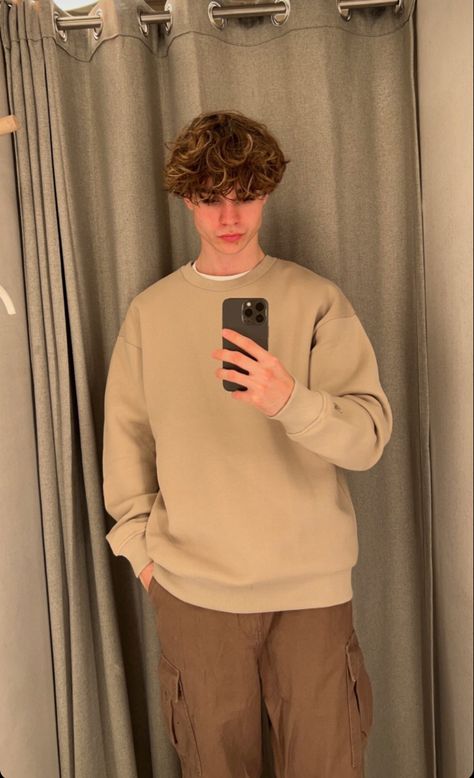 Beige Brown Outfit Men, Beige And Brown Outfit Ideas Men, Vanilla Boy Outfits, Beige Sweatshirt Outfit Men, Beige Sweater Outfit Men, Beige Crewneck Outfit, Guy In Sweater, Brown Jeans Outfit Mens, Brown And Tan Outfits