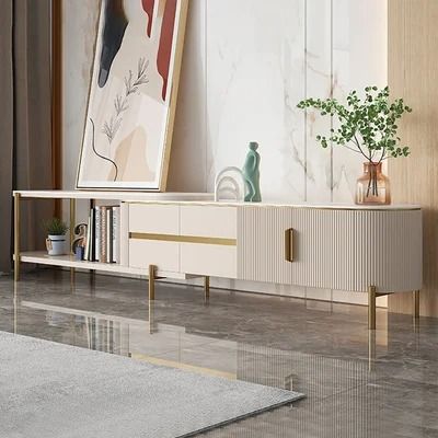 Mytures Off White Oval Retractable Sintered Stone TV Stand Media Console with 4 Drawers Media Units, Modern Tv Units, Tv Entertainment Units, Top Tv, Storage Credenza, Wood And Marble, Sintered Stone, Coffee Table White, Mdf Board