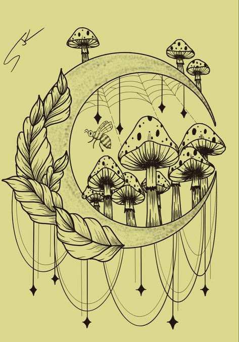 Moon And Mushroom Painting, Moon With Mushrooms Tattoo, Moon And Mushroom Art, Mushroom Frame Drawing, Moon And Plants Drawing, Mushroom Drawings Cute, Moon And Crystals Drawing, Mushroom Circle Drawing, Moon And Mushroom Drawing