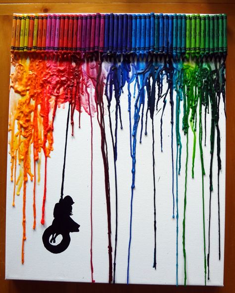 CRAYON ART - Made this with myseven year old. She picked the girl on the tire swing to finish the piece. (I recommend not using canvas next time. The melted crayon drips don't always stick to the canvas and are very fragile.) Crayon Ideas, Drip Art, Tire Swing, Big Kids Room, Crayon Art, Melting Crayons, Diy Crafts To Do, So Creative, Baby Crafts