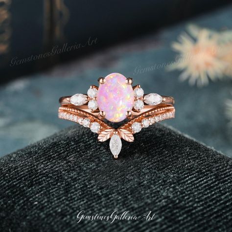 Art Deco Oval Cut Pink Opal Engagement Ring Set Leaf Branch Vine Ring Rose Gold Moissanite Wedding Ring Set 2pcs Milgrain Promise Ring Gift Vintage Oval Engagement Rings, Opal Wedding Ring Set, Opal Engagement Ring Set, Moissanite Wedding Ring Set, Unique Engagement Ring Settings, Vine Ring, Ring Rosegold, Promise Ring Set, Opal Engagement Ring