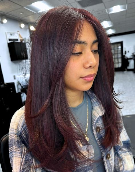 Cherry Cholocate Hair, Best Hair Color For Hazel Green Eyes, Brownish Purple Hair, Cherry Red Hair On Brown Skin, Cherry Chocolate Brunette Hair, Dark Mahogany Brown Hair, Long Hairstyles For Straight Hair, Cherry Brown Hair Color, Brown Red Copper Hair Color