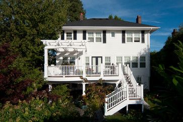 Outdoor Spaces and Decks traditional deck Deck White Railing, White Railing, Custom Pergola, Deck Railing Ideas, Georgian Style Homes, Tiger Wood, West Seattle, Deck Railing, Outdoor Stairs