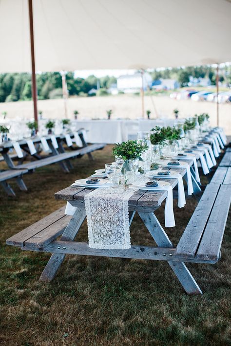 casual Maine seaside wedding | Sarah Morrill Photography | Glamour & Grace Picnic Table Wedding, Pavillion Wedding, Campground Wedding, Pavilion Wedding, Cottage Wedding, Picnic Tables, Picnic Wedding, Camp Wedding, Seaside Wedding