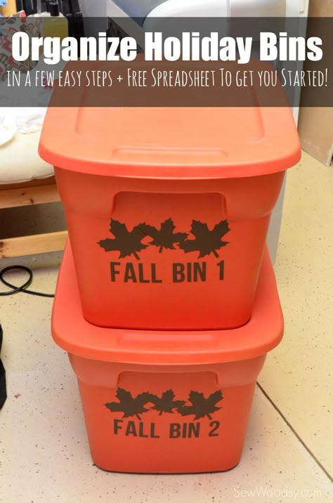 Organization Holiday Bins made with Cricut Explore -- Sew Woodsy. #DesignSpaceStar Round 3 Halloween Cricut, Holiday Organization, Holiday Storage, Organize My Life, Circuit Projects, Vinyl Labels, Cleaning Organization, Cricut Explore Air, Silhouette Cameo Projects